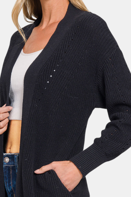 Eyelet Open Cardigan Sweater / BLACK