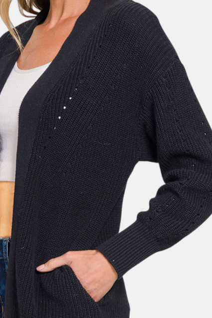 Eyelet Open Cardigan Sweater / BLACK
