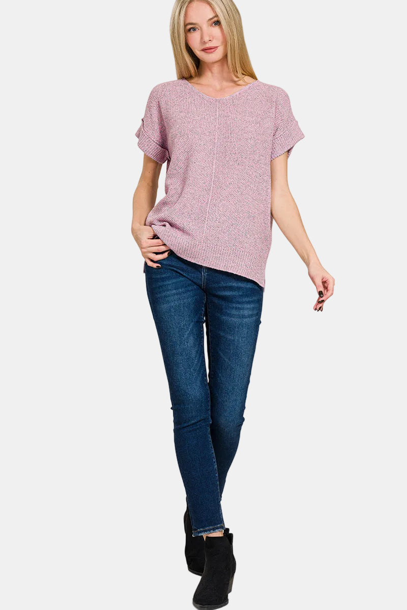Center Seam Short Sleeve Sweater / BLACK