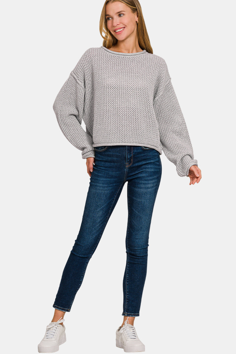 Textured Knit Drop Shoulder Sweater / BLACK