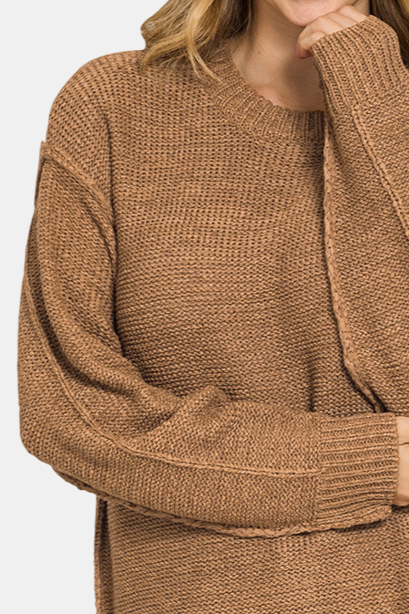 Exposed Seam Round Neck Sweater / DEEP CAMEL