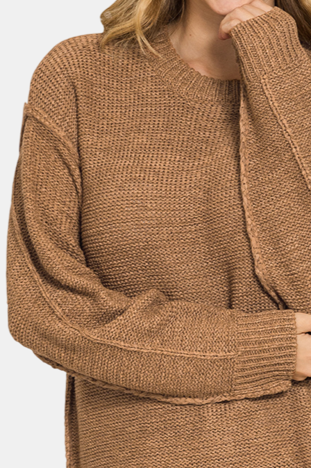 Exposed Seam Round Neck Sweater / DEEP CAMEL