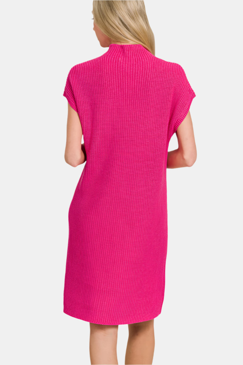 Mock Neck Short Sleeve Sweater Dress With Pocket / CABERNET
