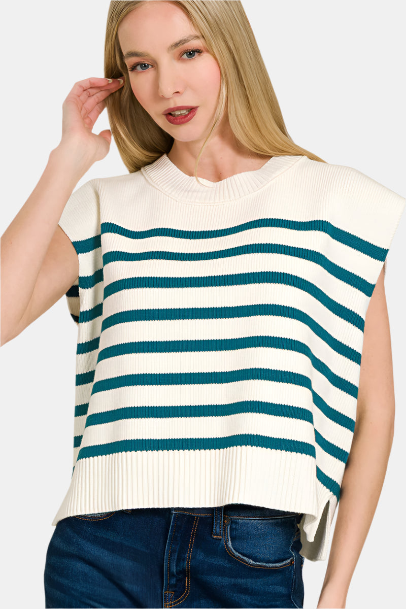 Oversized Crew Neck Stripe Sweater Vest / TEAL