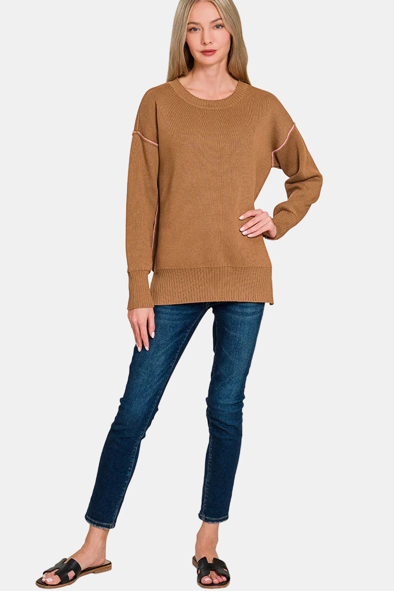 Round Neck Contrast Trim Sweater / FOREST/DK OLIVE