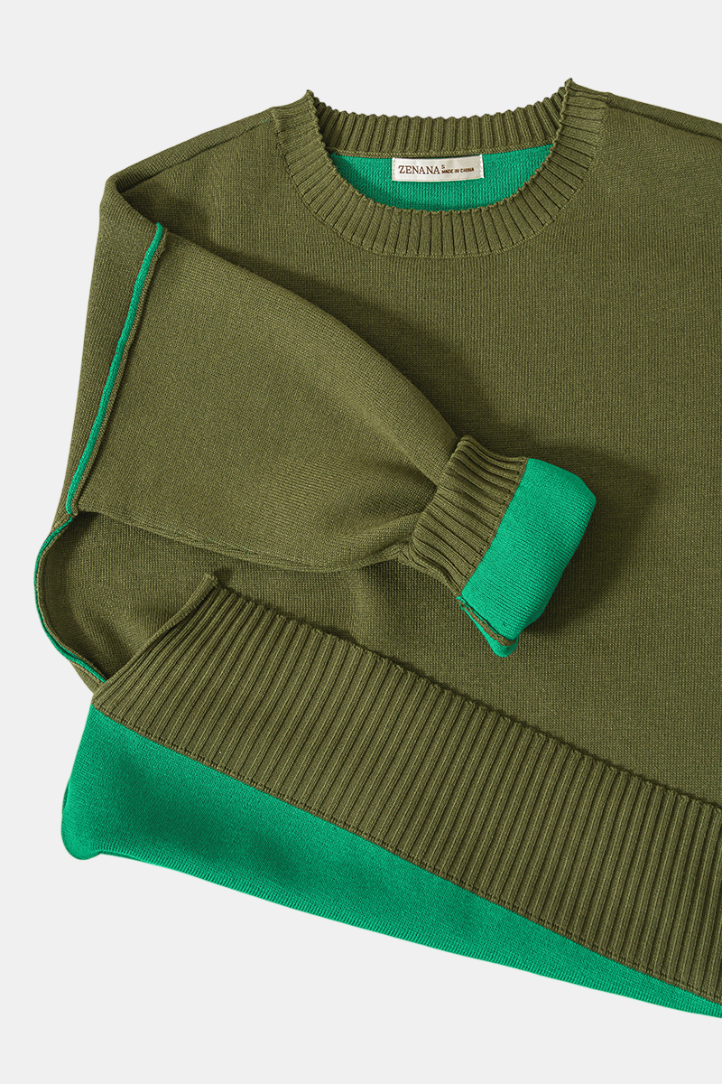 Round Neck Contrast Trim Sweater / DK OLIVE/K GREEN