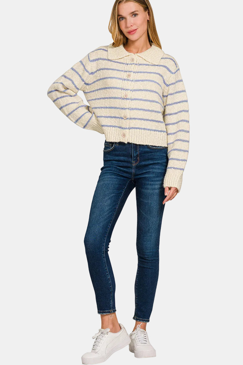 Striped Collared 5 Button Cardigan / LT NAVY/TAUPE