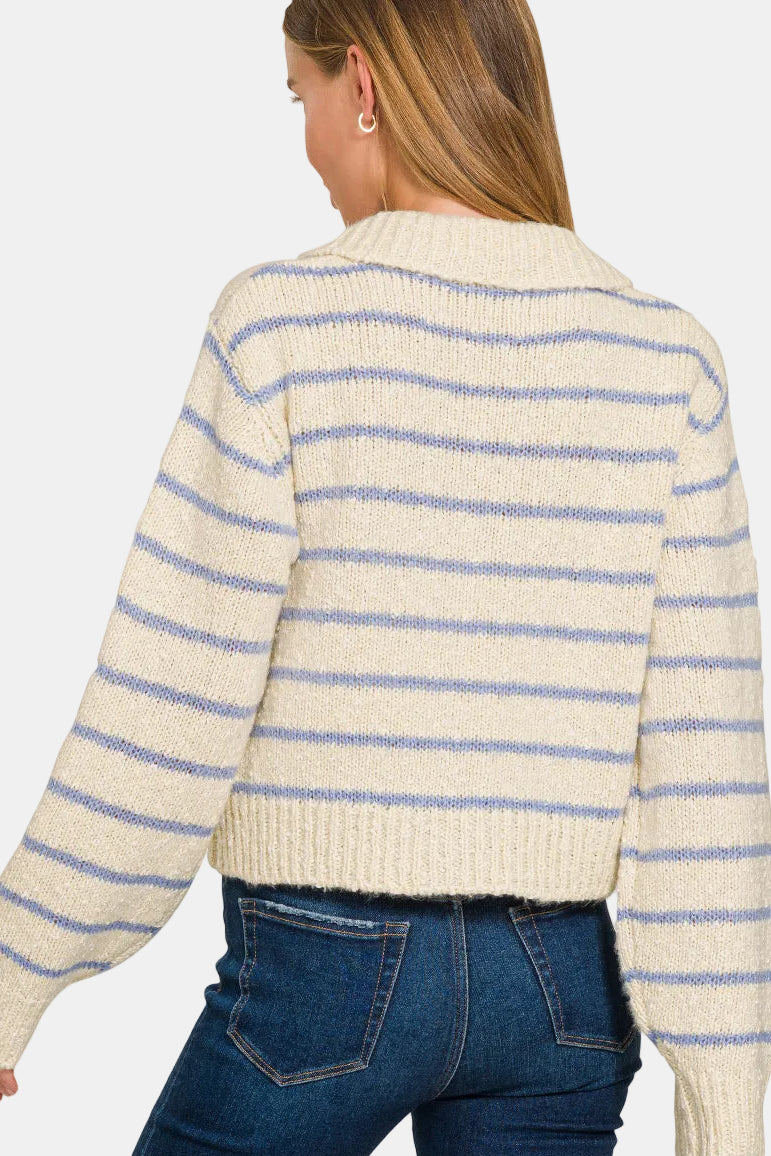 Striped Collared 5 Button Cardigan / LT NAVY/TAUPE