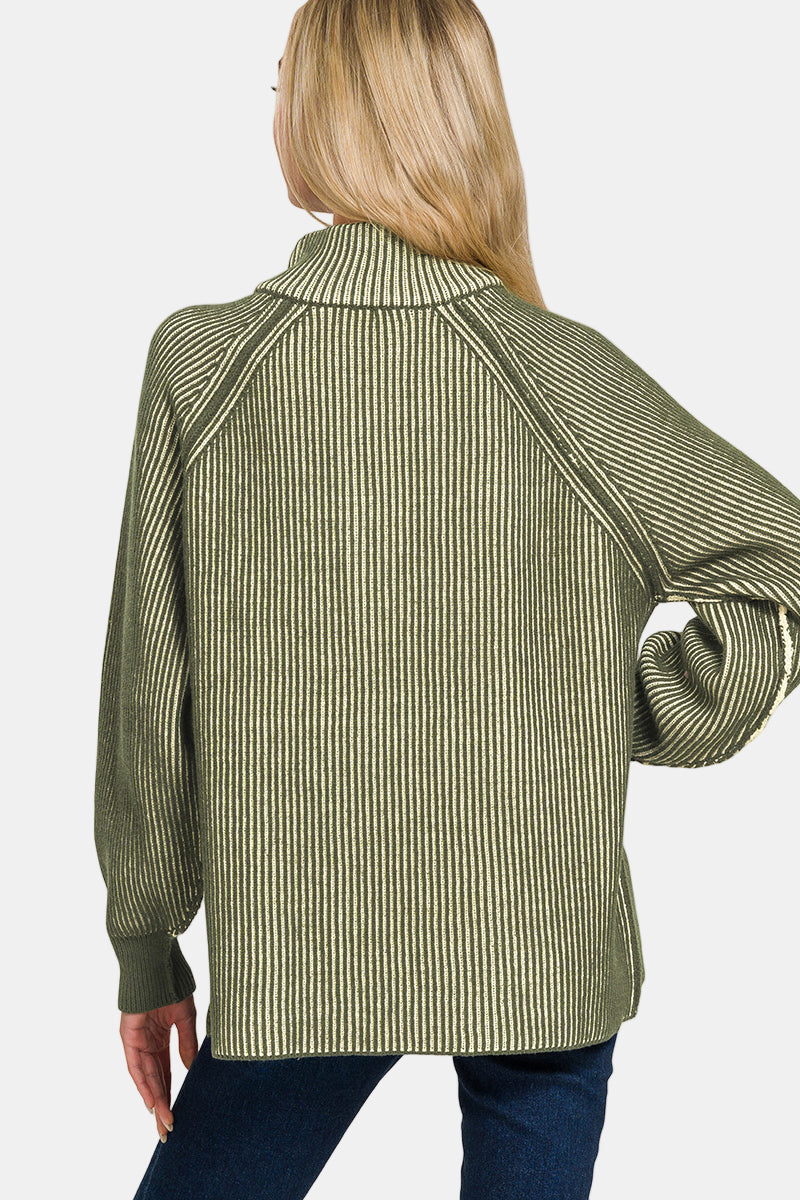 Two Tone Half Zip Sweater / DK PINK/TAUPE