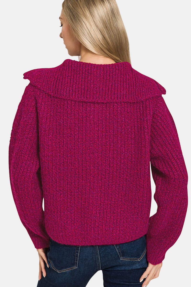 High Neck Full Zip Sweater / DK GREEN