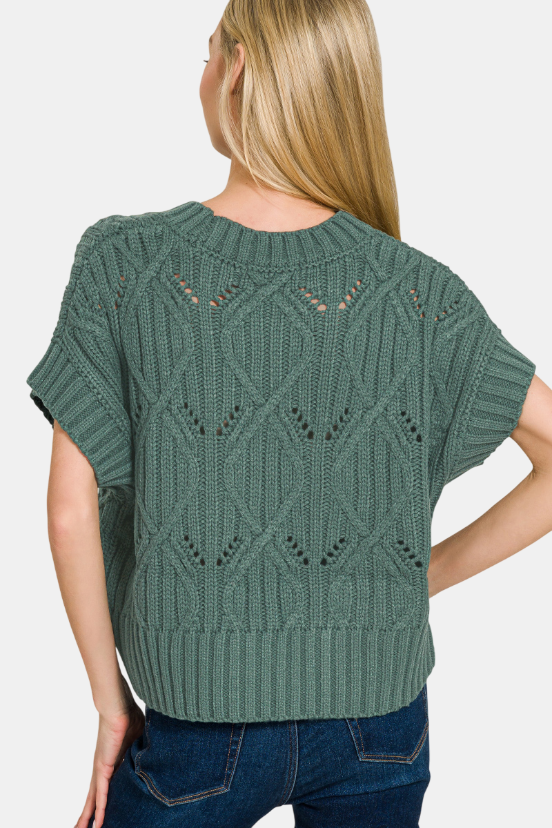 Cable Knit Short Sleeve Sweater / BLACK