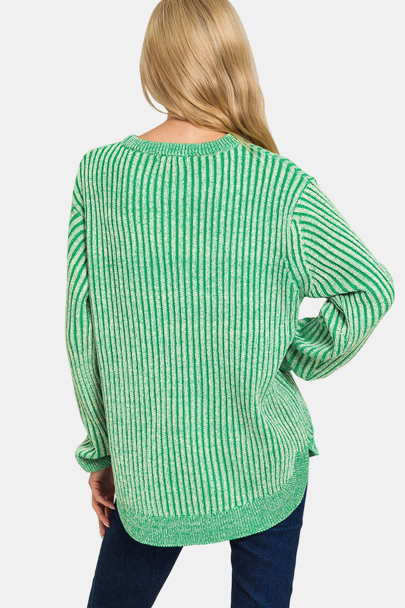 Curved Hem Two-Tone Sweater / BLACK