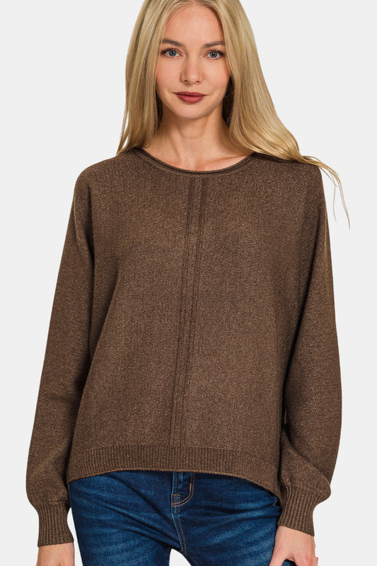 Viscose Front Seam Round-Neck Sweater / H BROWN