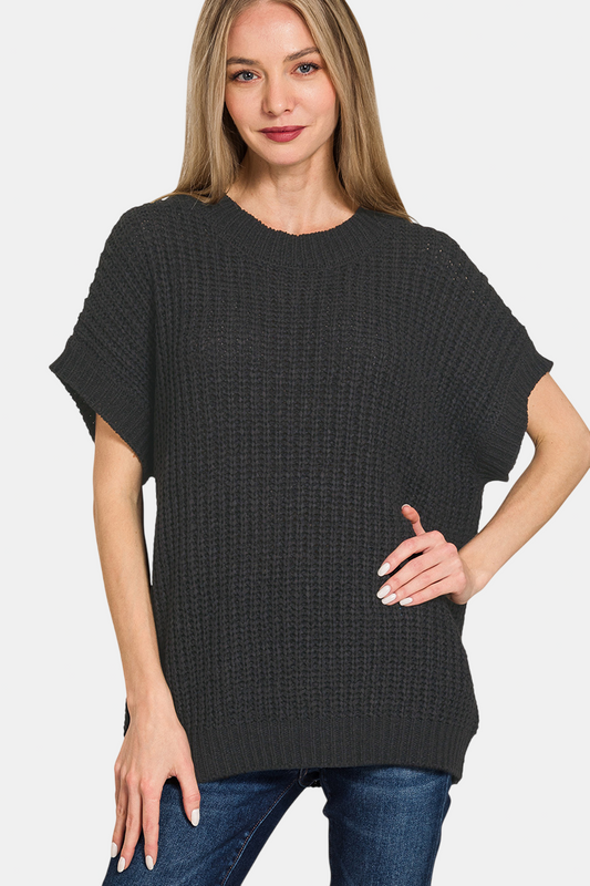 Short Sleeve Round Neck Sweater / BLACK
