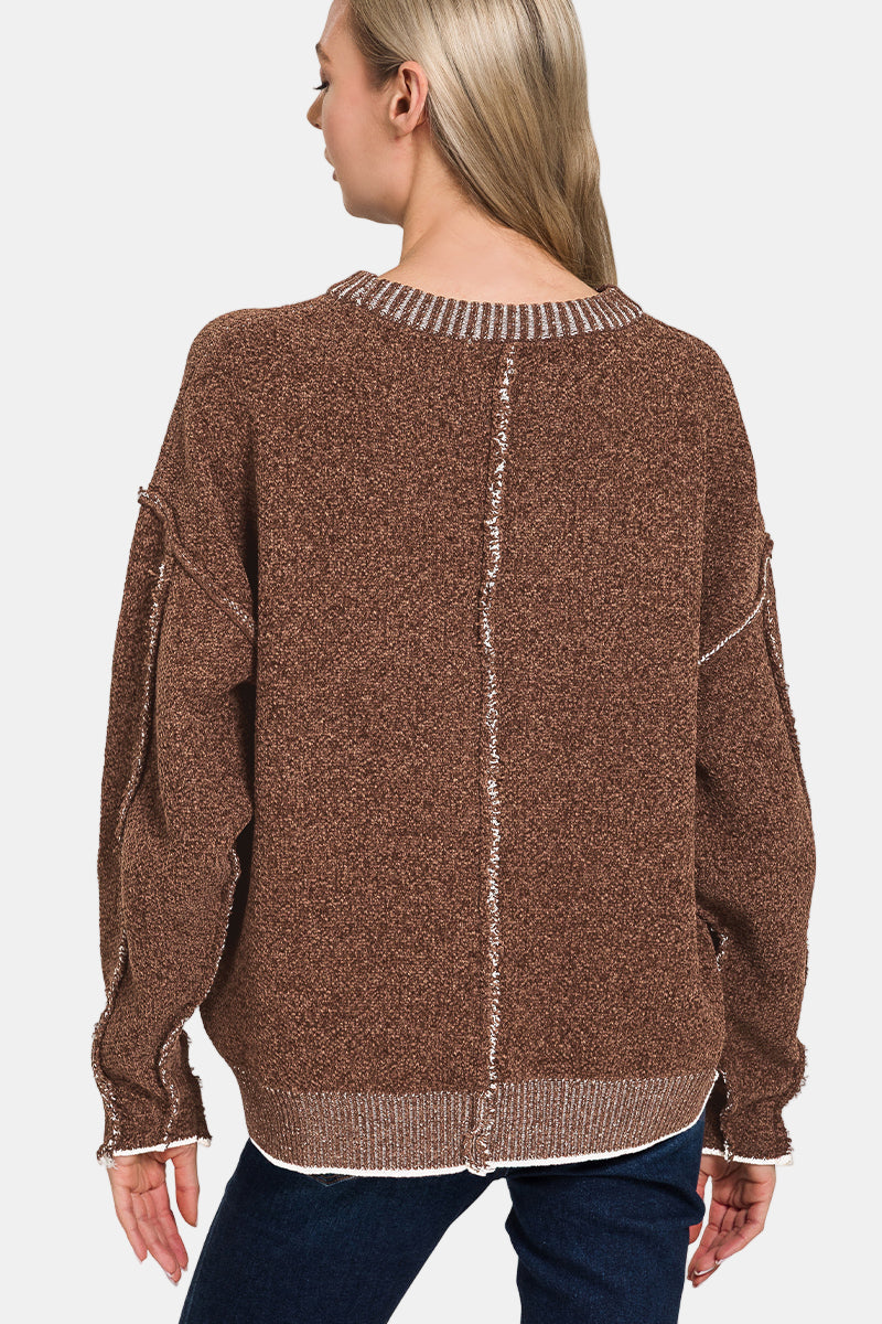 Exposed Seam Round Neck Sweater / BLACK