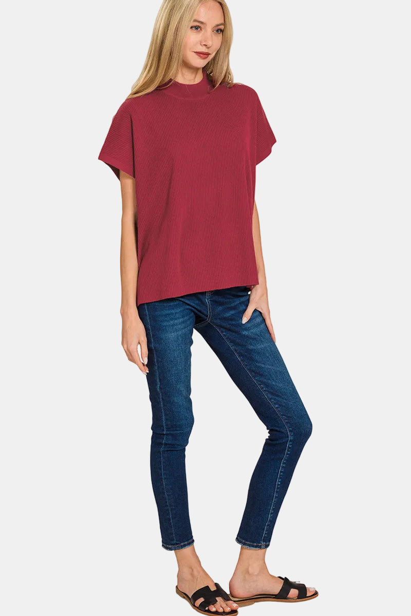 Viscose Mock Neck Short Sleeve Boxy Sweater / H GREY