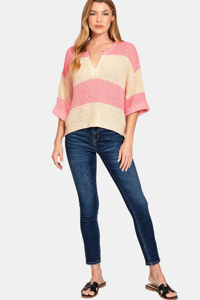 Split Neck Stripe Sweater / BLACK