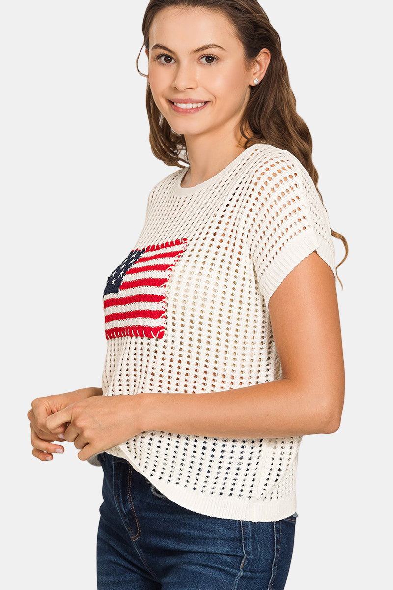Viscose American Flag Cap Sleeve Open Stitch Sweater / IVORY