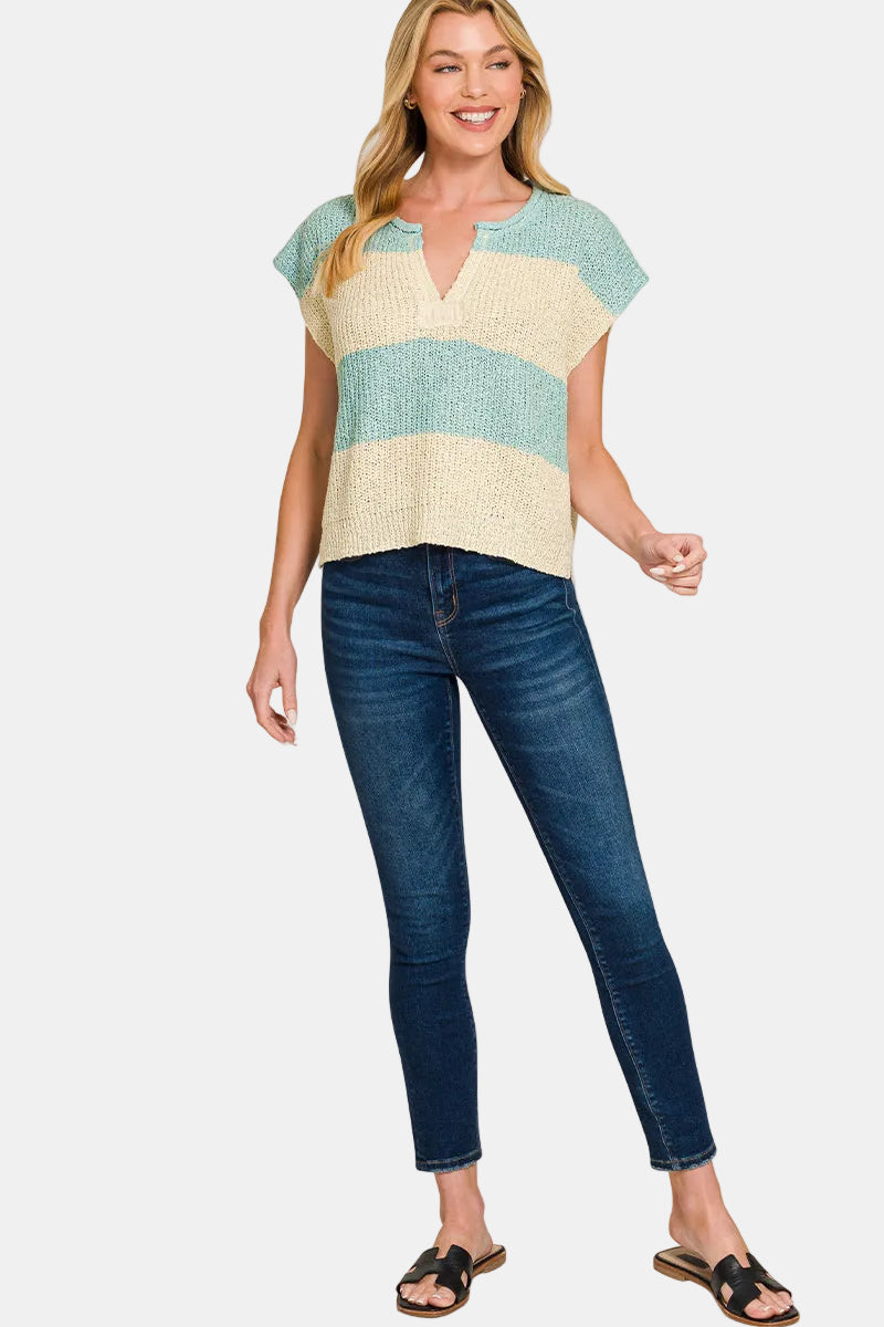 Split Neck Sleeveless Stripe Sweater / K GREEN