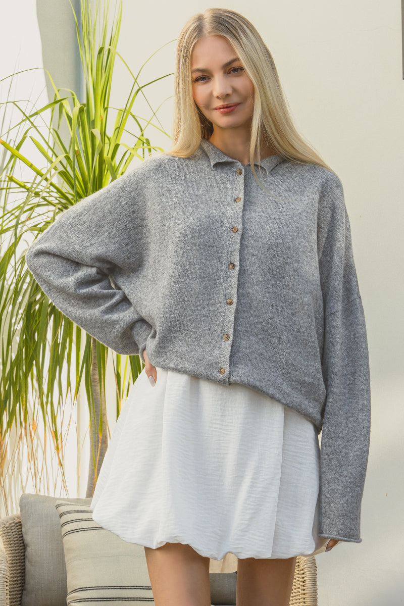 Collared Button Down Cardigan Sweater / MOCHA