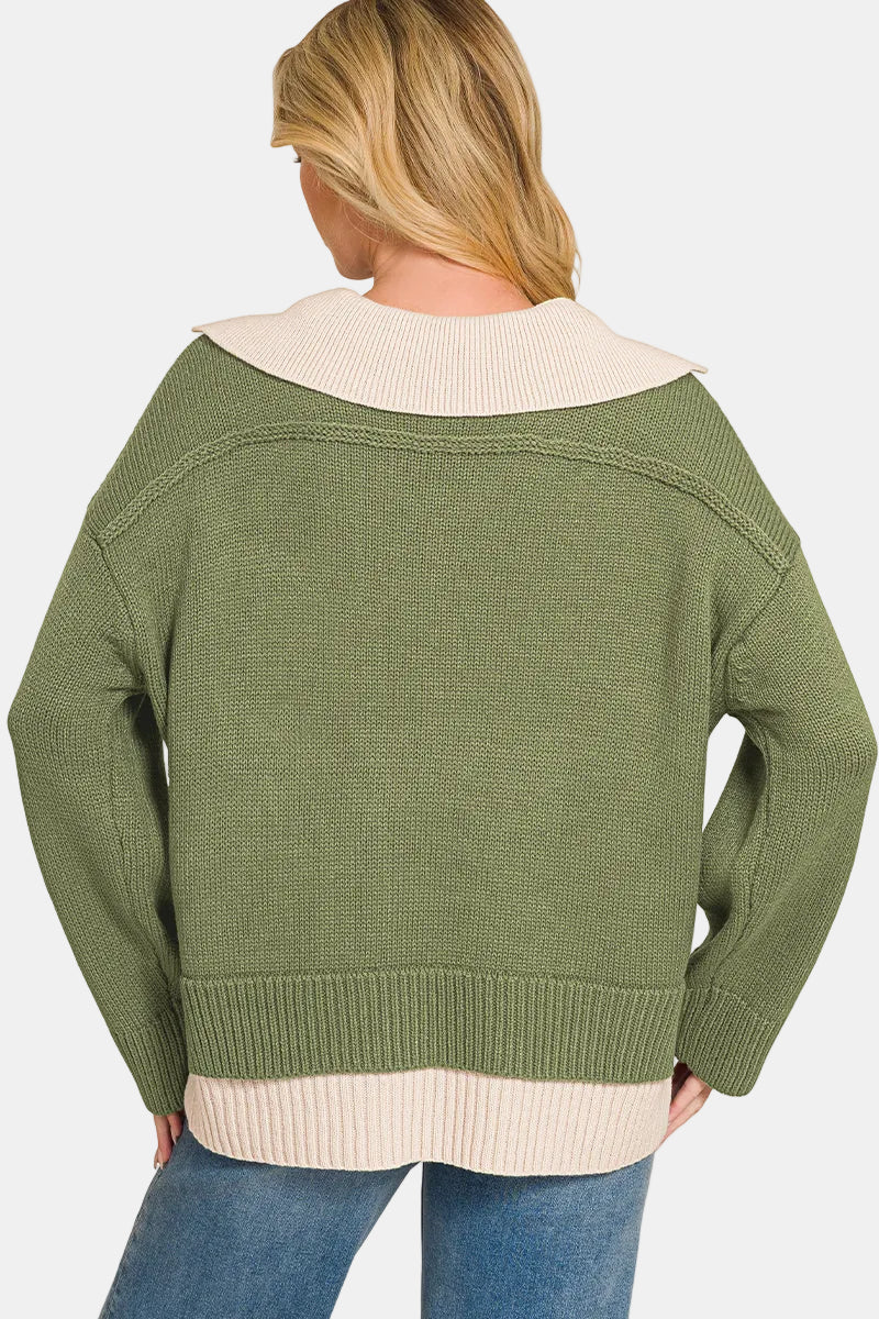 Dual-Look Collared V-Neck Sweater / H GREY