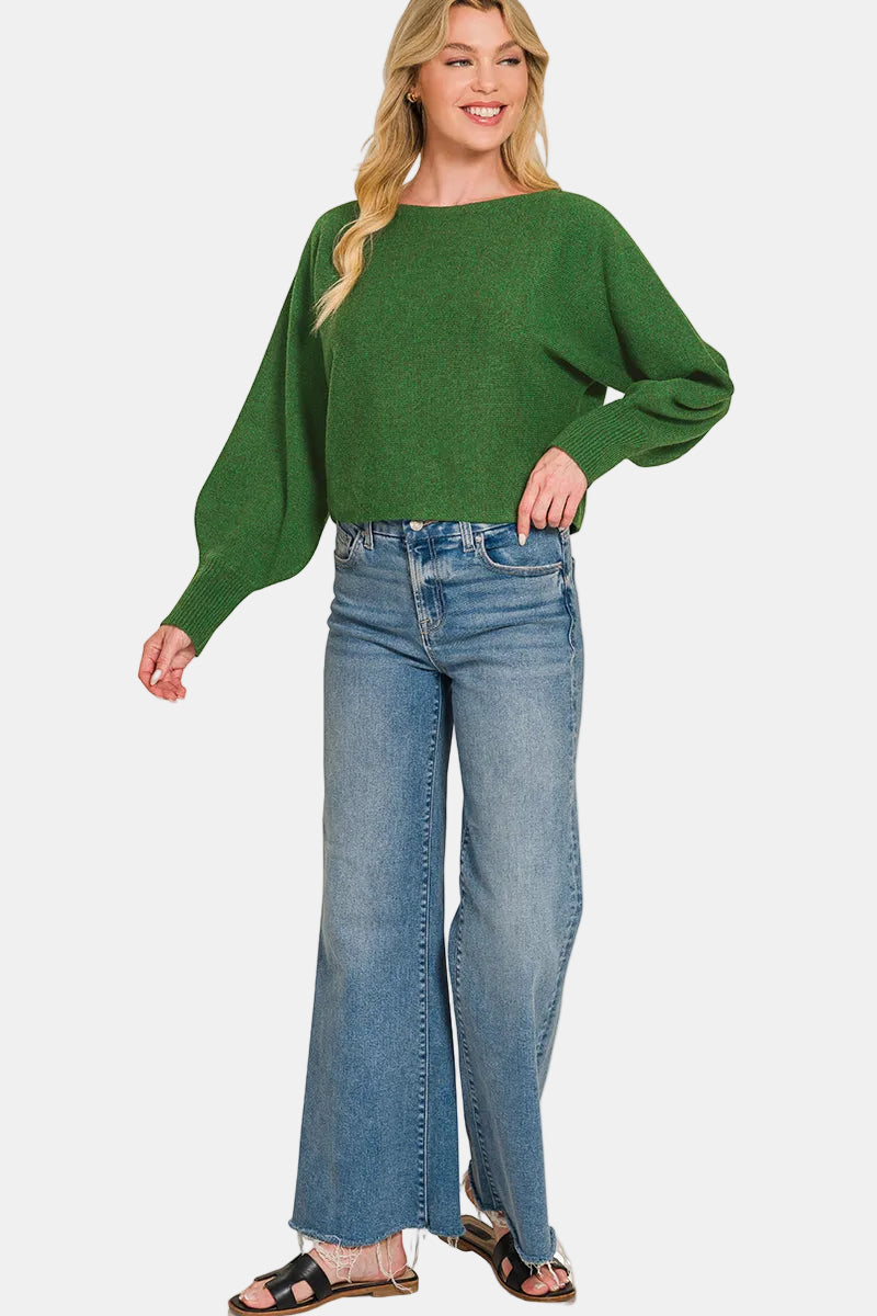 Boat Neck Balloon Sleeve Sweater / DK OLIVE