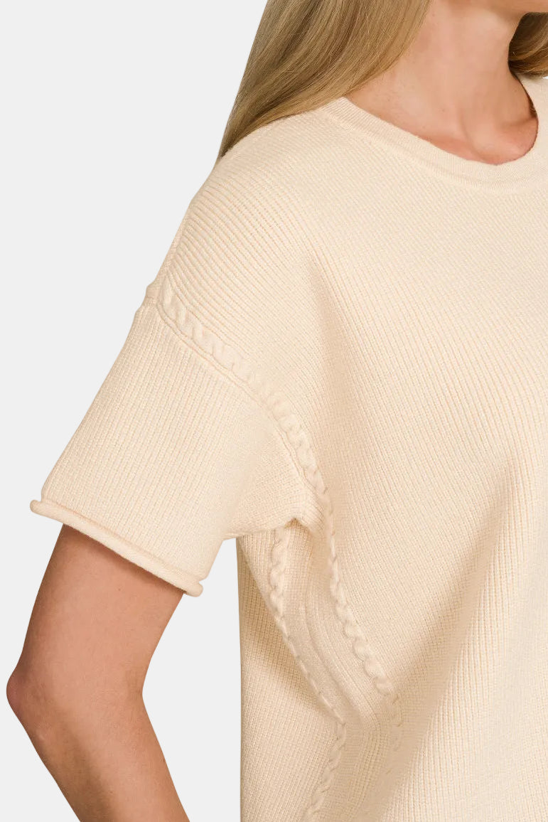 Viscose Round-Neck Short Sleeve Sweater / BLACK