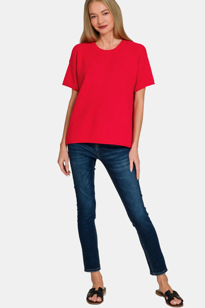 Viscose Round-Neck Short Sleeve Sweater / BLACK