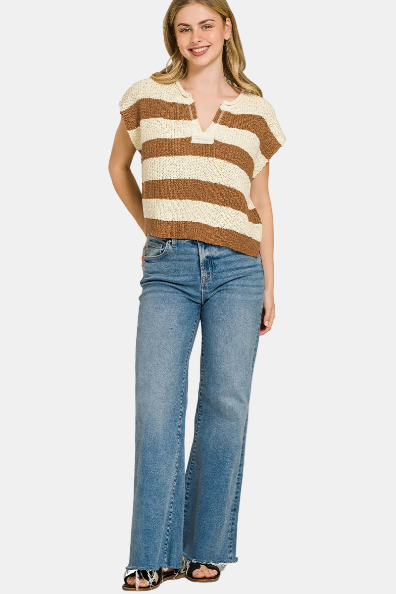 Split Neck Stripe Sleeveless Sweater / K GREEN