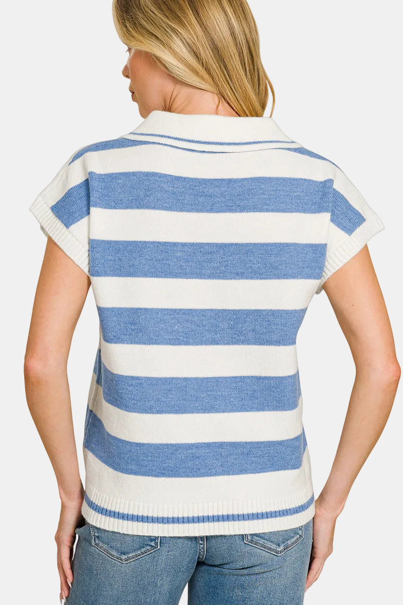 Block Striped Collared Short Sleeve Sweater / NAVY