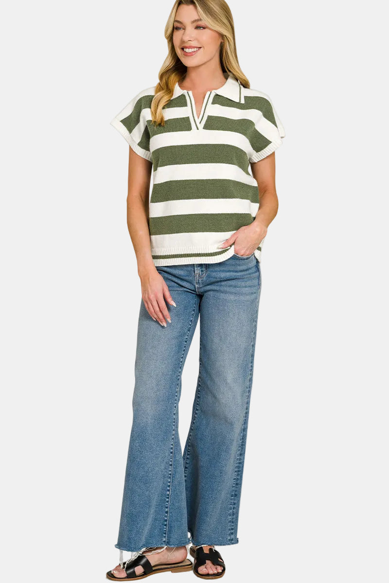 Striped Collared Short Sleeve Sweater / RED