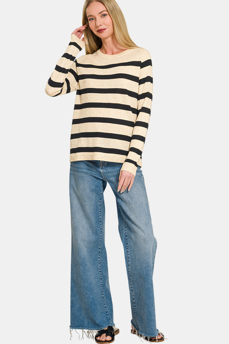 Lightweight Wool Blend Striped Round Neck Sweater / CORNFLOWER BLUE