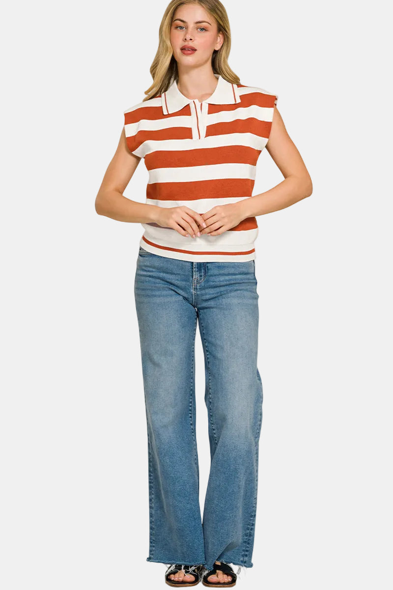 Viscose Striped Collared Sweater / CHARCOAL/IVORY
