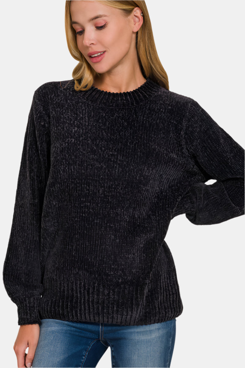 Round Neck Balloon Sleeve Chenille Sweater / BLACK