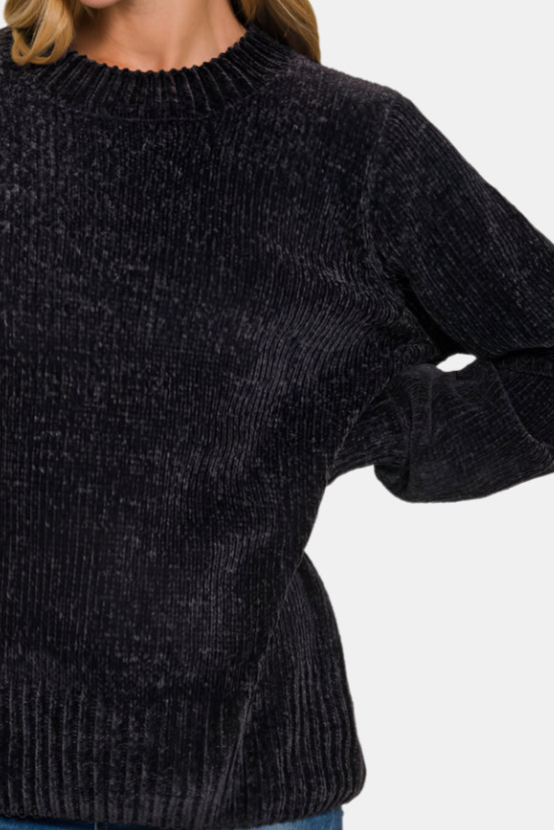 Round Neck Balloon Sleeve Chenille Sweater / BLACK
