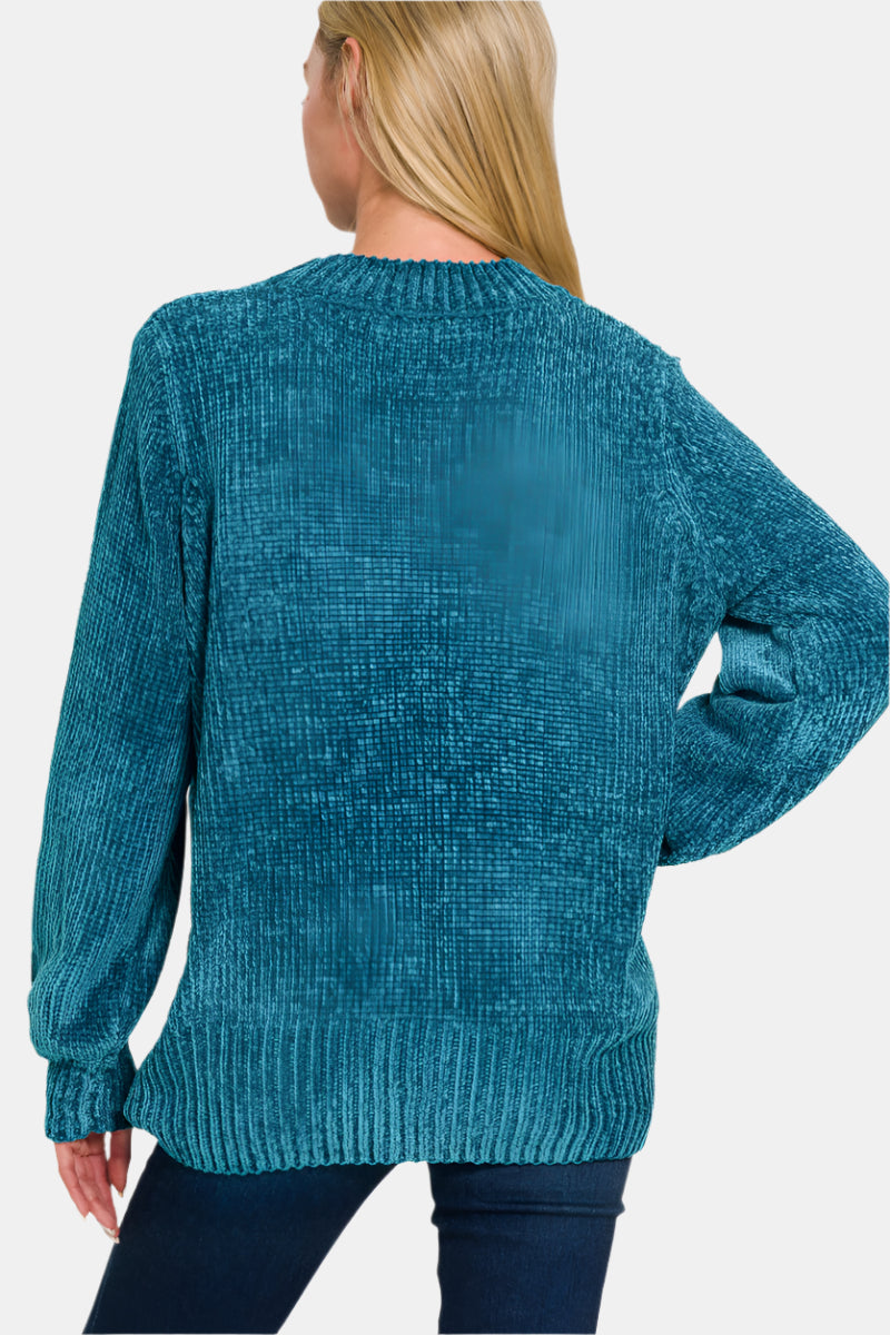 Round Neck Balloon Sleeve Chenille Sweater / BLACK