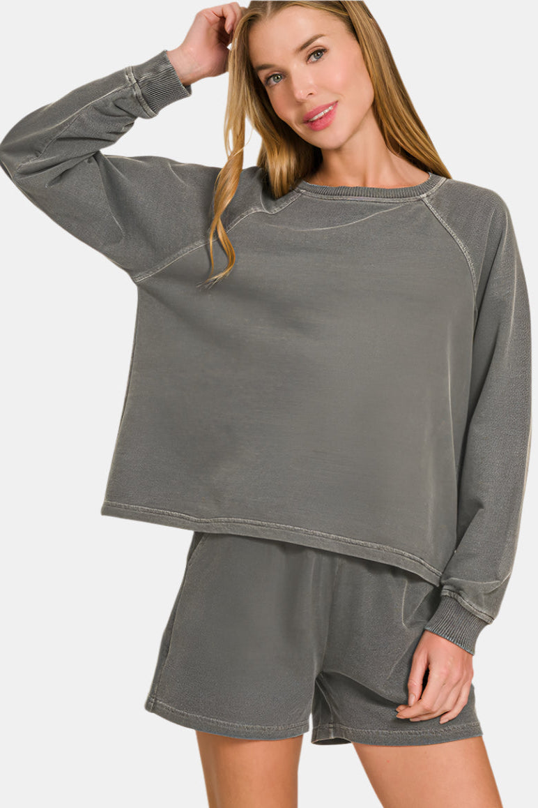 French Terry Pigment Dye + Enzyme Wash Pullover & Short Set / BLACK
