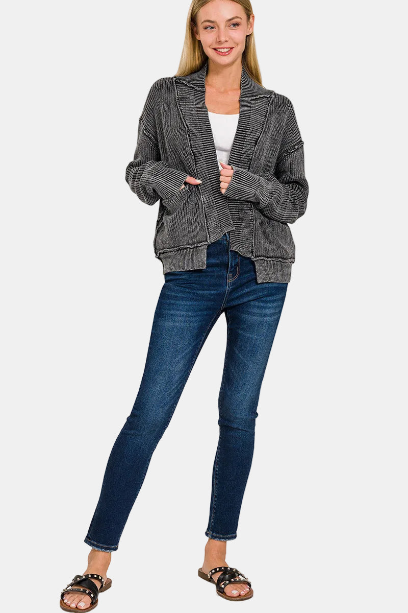 Washed Dropped Shoulder Cardigan with Side Pockets / FUCHSIA
