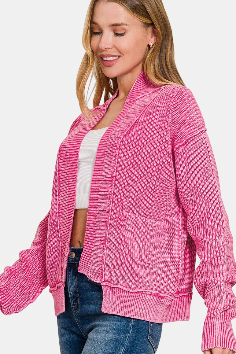 Washed Dropped Shoulder Cardigan with Side Pockets / FUCHSIA