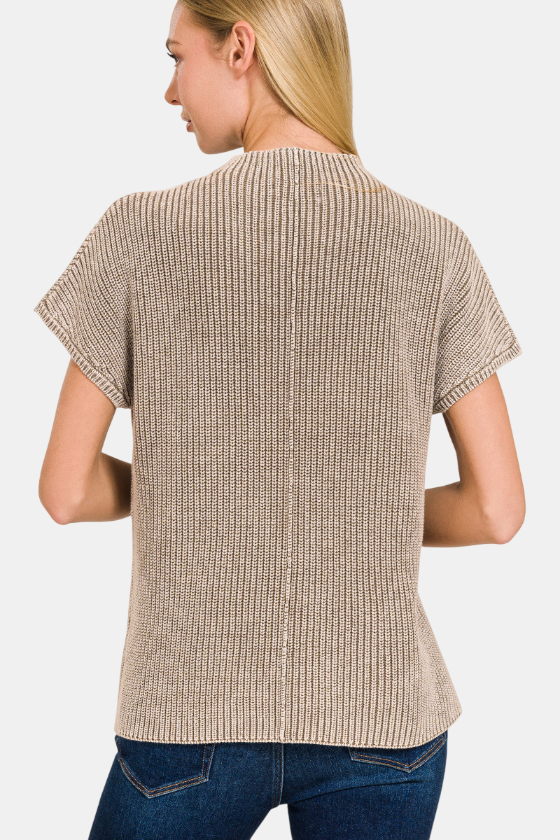 Washed Mock Neck Short Sleeve Sweater / BLACK