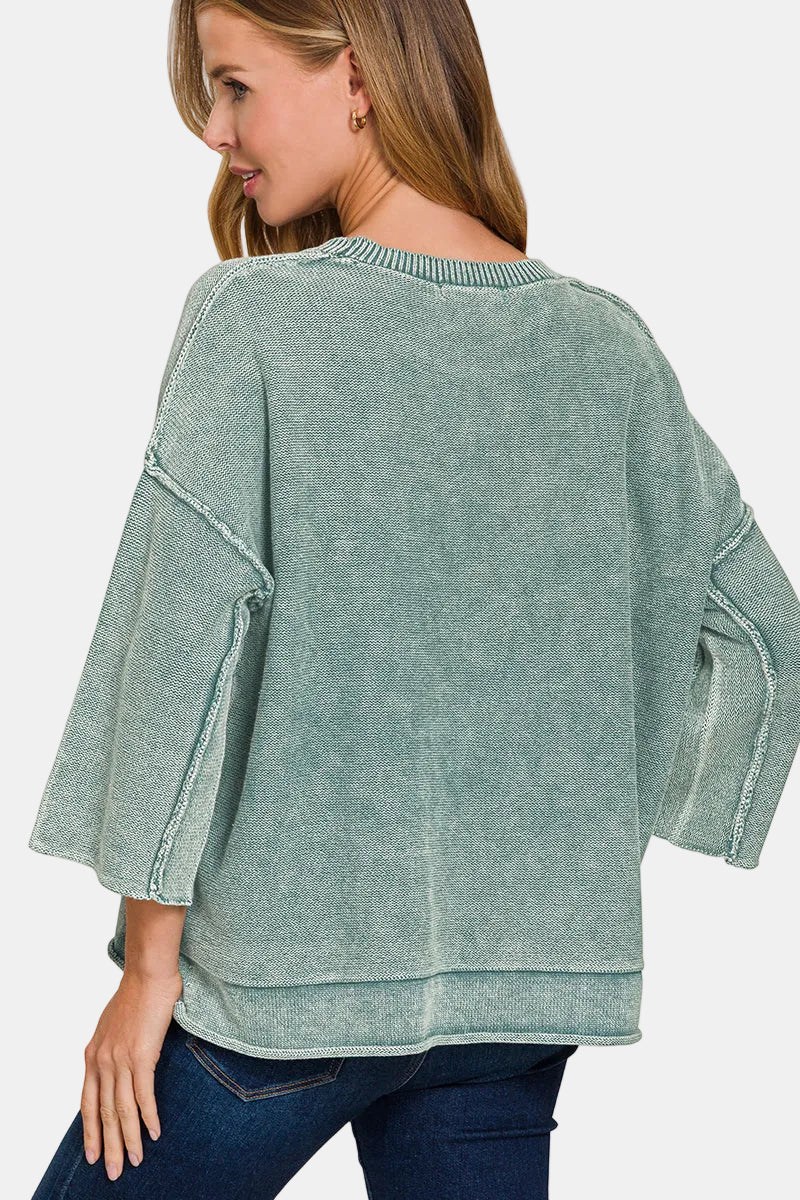 Washed 3/4 Sleeve Boxy Sweater / HOT PINK