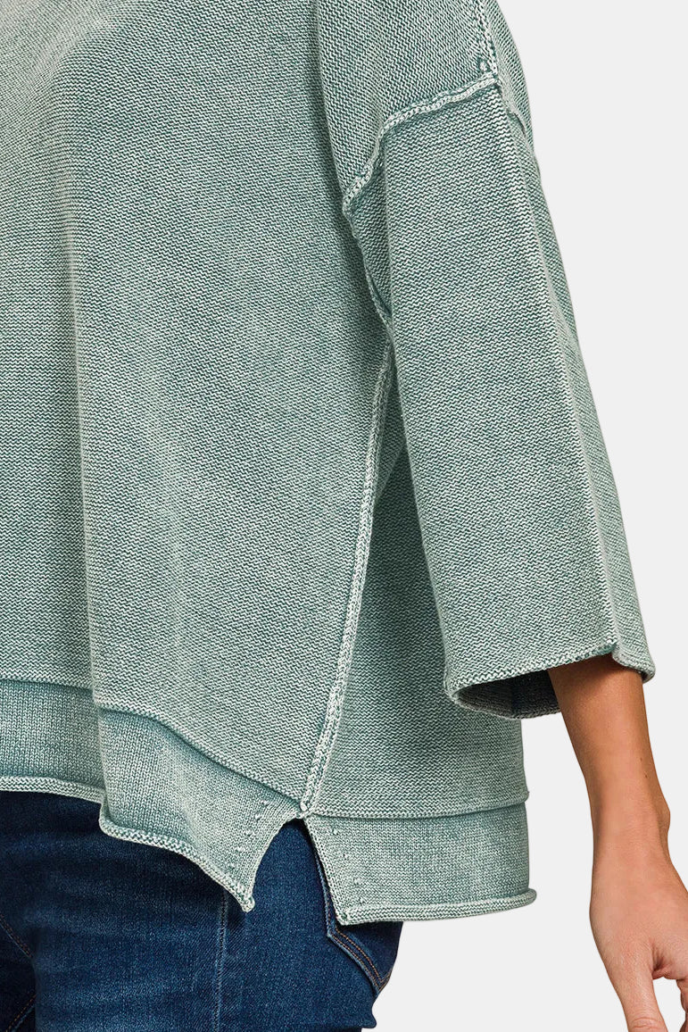 Washed 3/4 Sleeve Boxy Sweater / HOT PINK