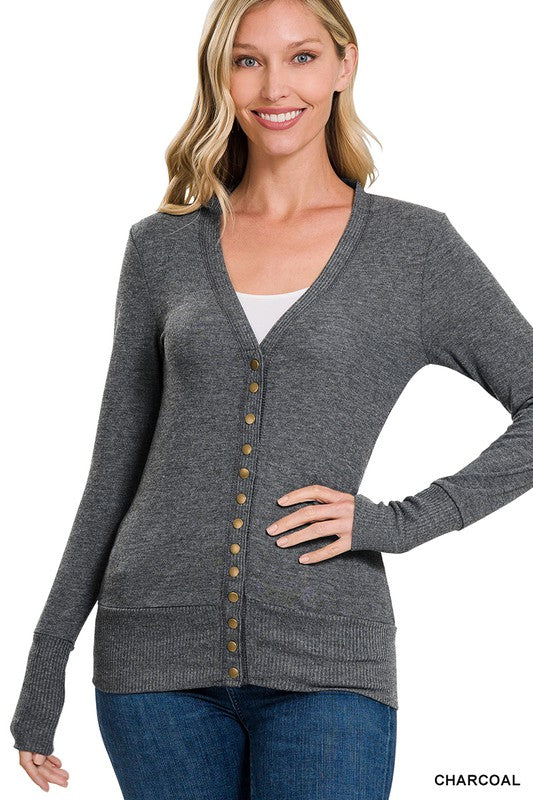 Zenana Snap Button Sweater Cardigan With Ribbed Detail