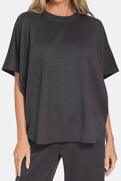 Scuba Curved Hem Top & Pants Set / BLACK