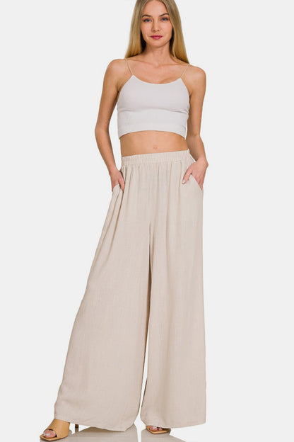 Woven Pleated Linen Blend Wide Leg Pants