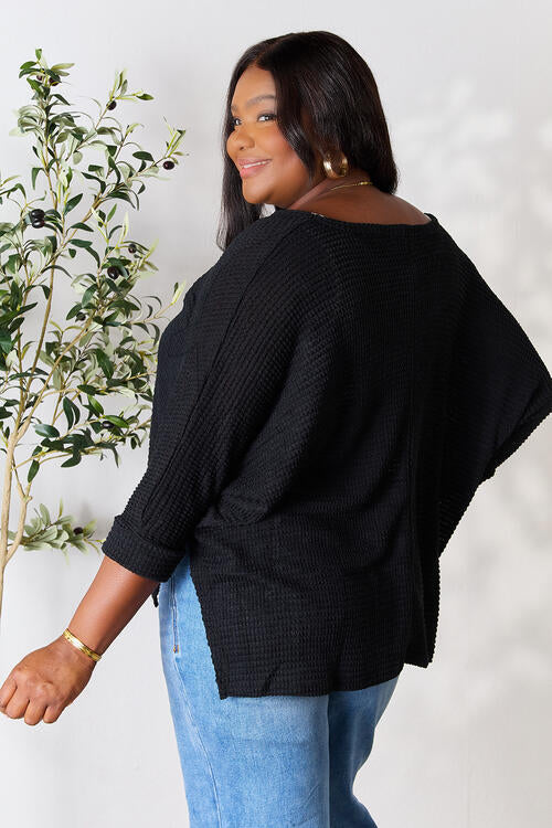3/4 Sleeve V-Neck Hi-Low Hem Jacquard Sweater / BLACK