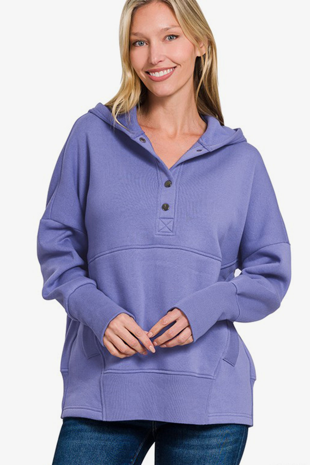 Fleece Half Snap Button Hooded Sweatshirt