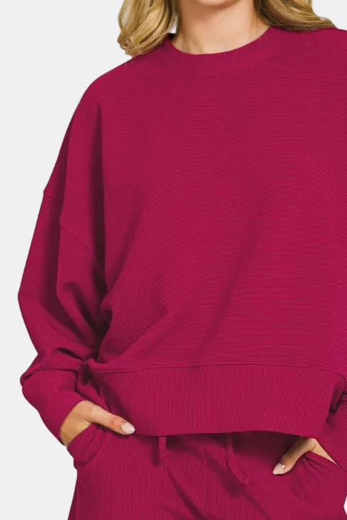 Ribbed Round Neck Pullover & Shorts Set / CABERNET