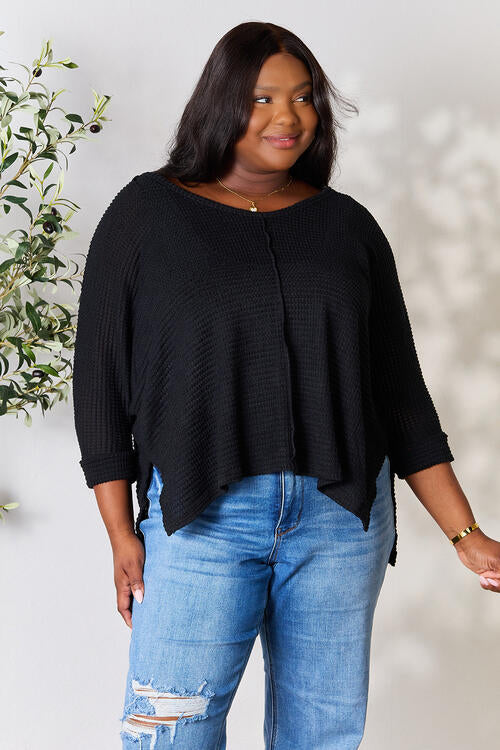 3/4 Sleeve V-Neck Hi-Low Hem Jacquard Sweater / BLACK