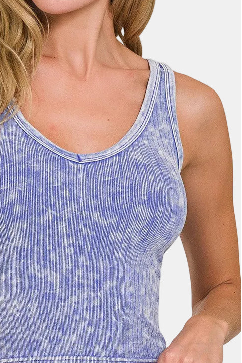 Washed Ribbed Seamless Cropped V-Neck Tank Top / LT INDIGO